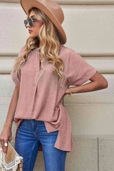 Notched Side Slit Cuffed Blouse Blouses - Tophatter Daily Deals