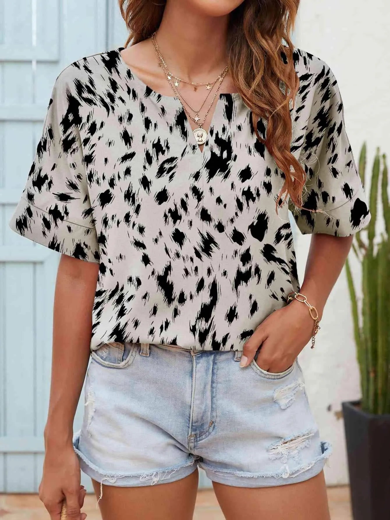 Printed Notched Neck Half Sleeve Blouse Blouses - Tophatter Daily Deals