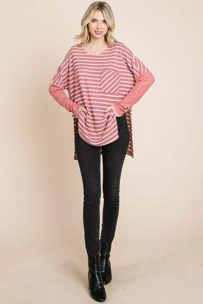 Culture Code Oversize Striped Round Neck Long Sleeve Slit T-Shirt Blouses - Tophatter Daily Deals