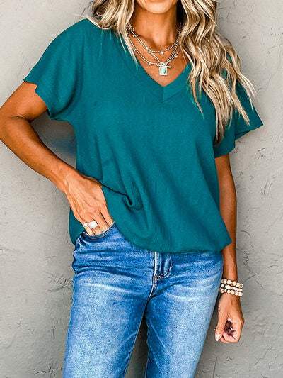 Textured V-Neck Short Sleeve T-Shirt Women's T-Shirts - Tophatter Daily Deals