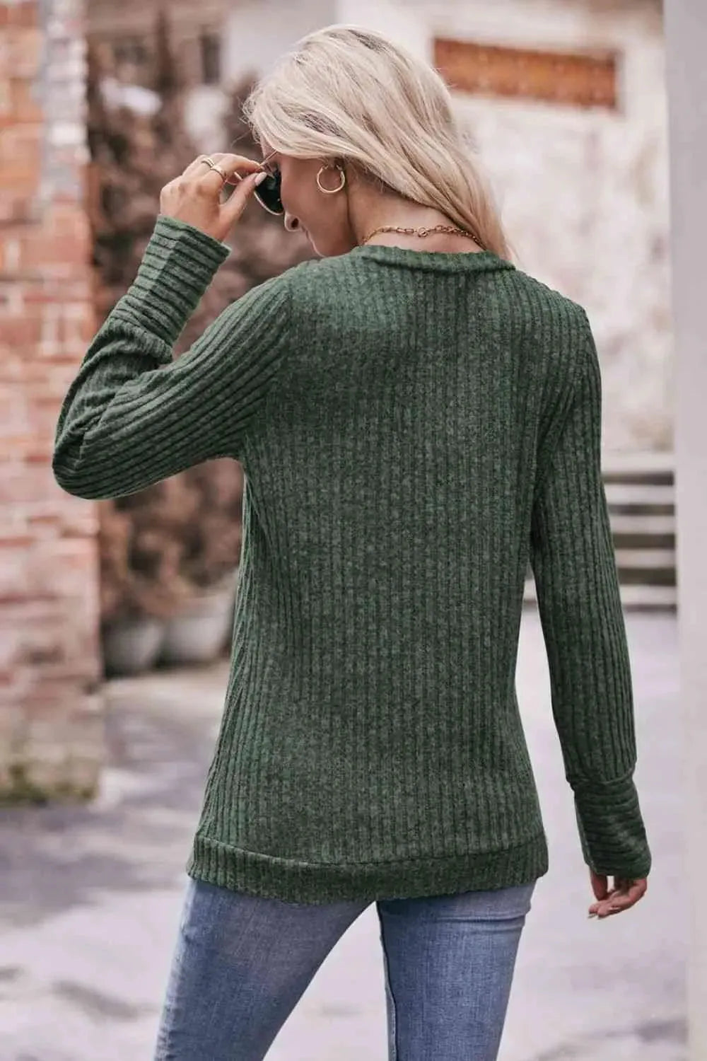 Double Take V-Neck Long Sleeve Ribbed Top Blouses - Tophatter Daily Deals