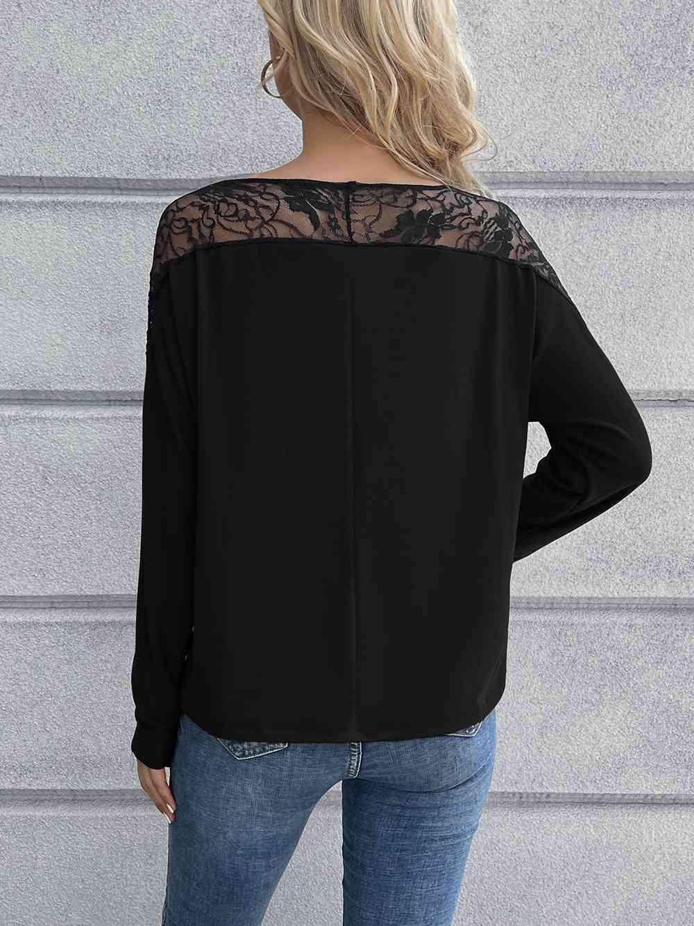 Lace Long Sleeve Round Neck Tee Women's T-Shirts - Tophatter Daily Deals