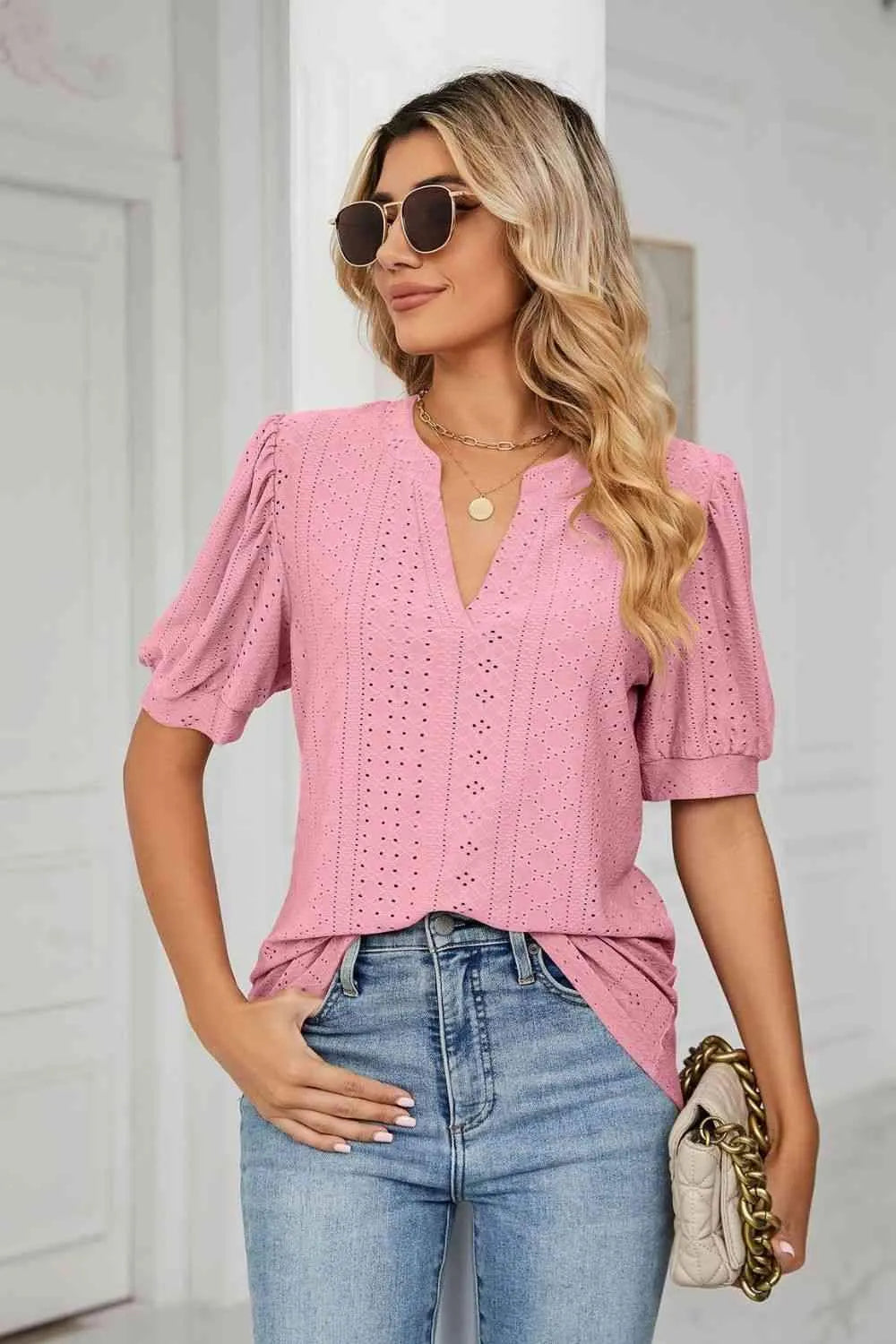 Eyelet Short Puff Sleeve Notched Neck Top Pink Blouses - Tophatter Daily Deals