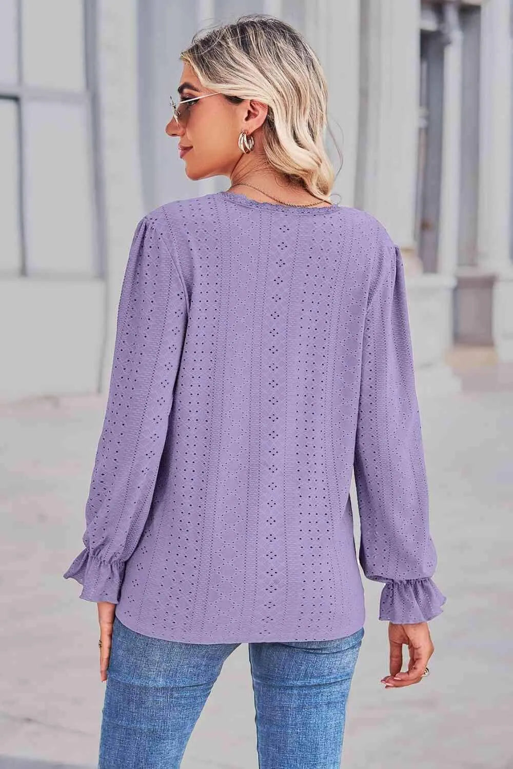 Lace Trim V-Neck Flounce Sleeve Top Blouses - Tophatter Daily Deals