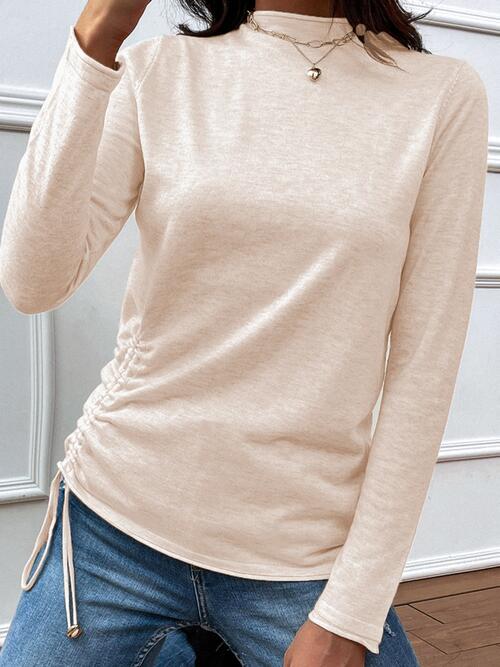 Drawstring Mock Neck Long Sleeve T-Shirt Cream One Size Women's T-Shirts - Tophatter Daily Deals