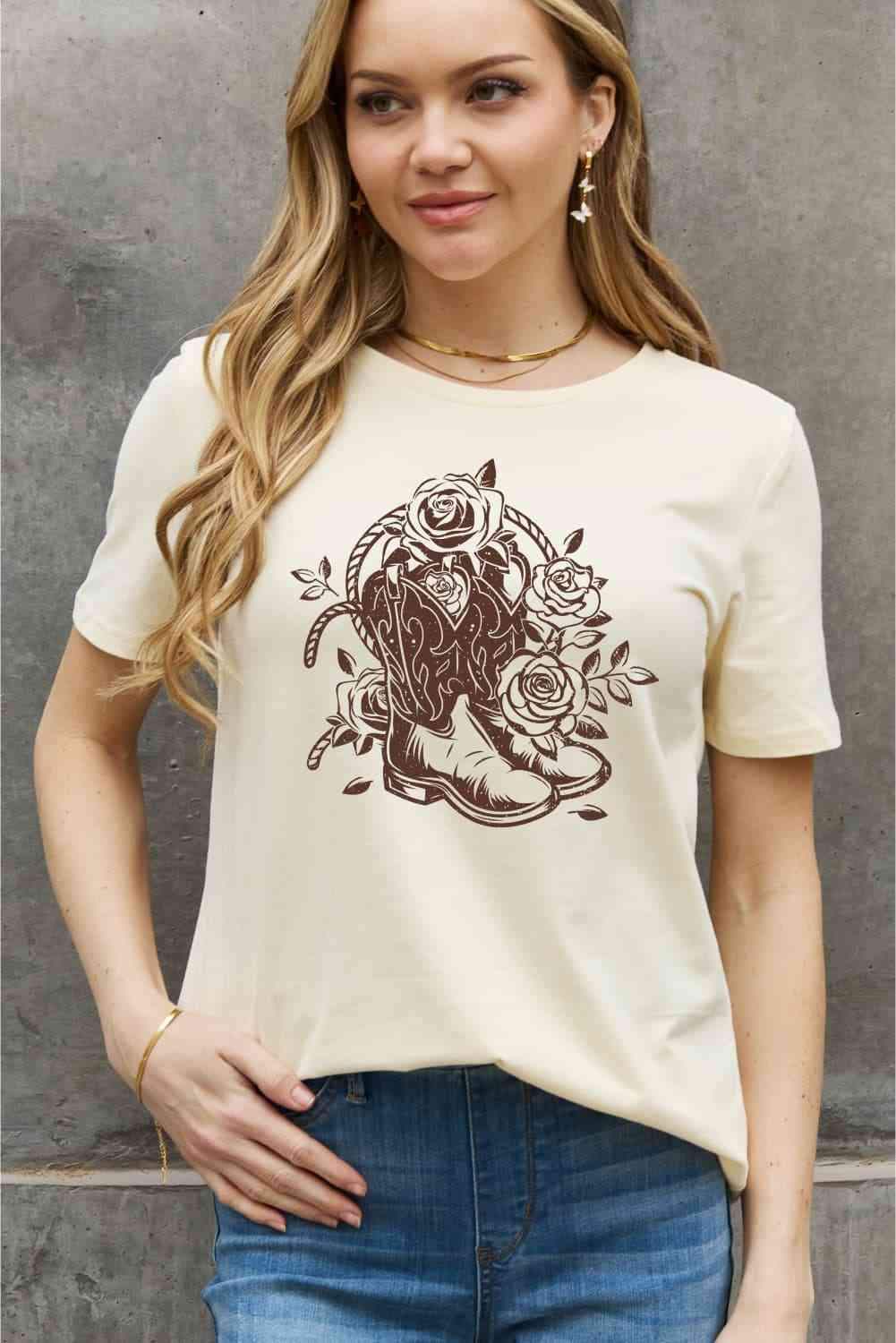 Simply Love Full Size Cowboy Boots Flower Graphic Cotton Tee - Tophatter Daily Deals