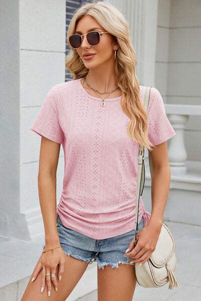 Eyelet Round Neck Short Sleeve T-Shirt Women's T-Shirts - Tophatter Daily Deals