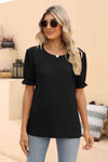 Openwork Round Neck Flounce Sleeve T-Shirt Black Women's T-Shirts - Tophatter Daily Deals