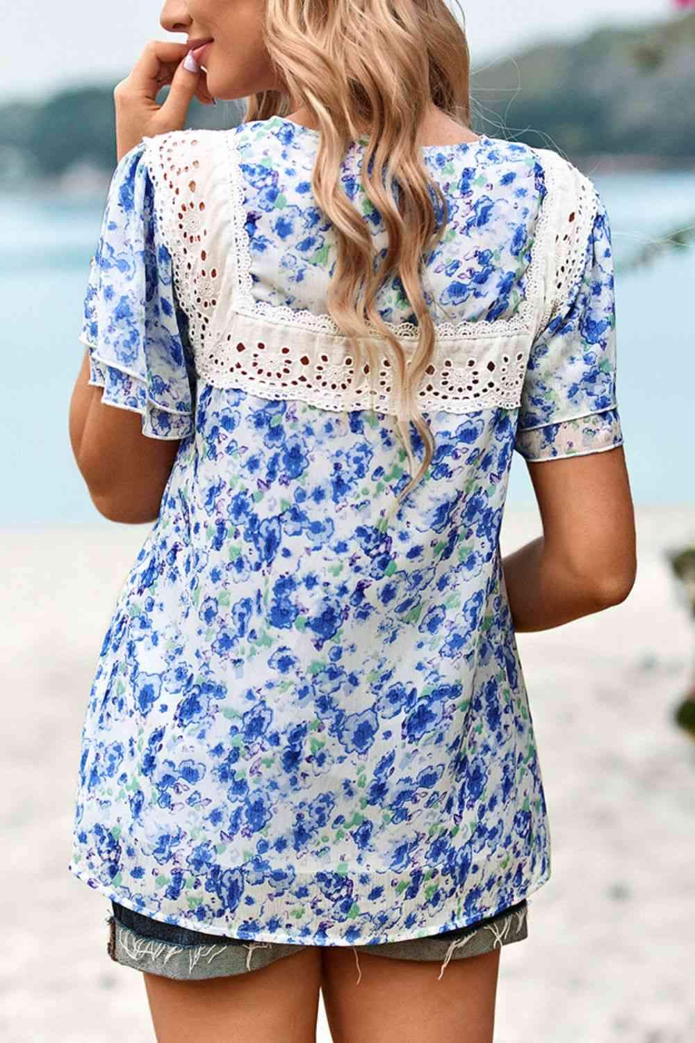 Floral Round Neck Spliced Lace Blouse Blouses - Tophatter Daily Deals