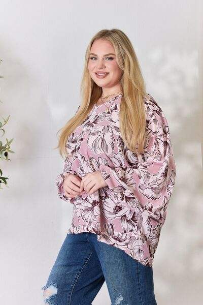 Heimish Full Size Floral V-Neck Balloon Sleeve Blouse Blouses - Tophatter Daily Deals