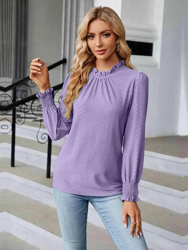 Round Neck Flounce Sleeve Blouse Blouses - Tophatter Daily Deals
