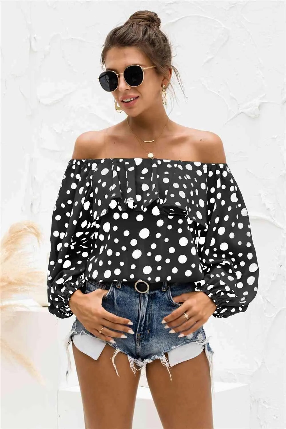 Polka Dot Off-Shoulder Layered Blouse Black Blouses - Tophatter Daily Deals