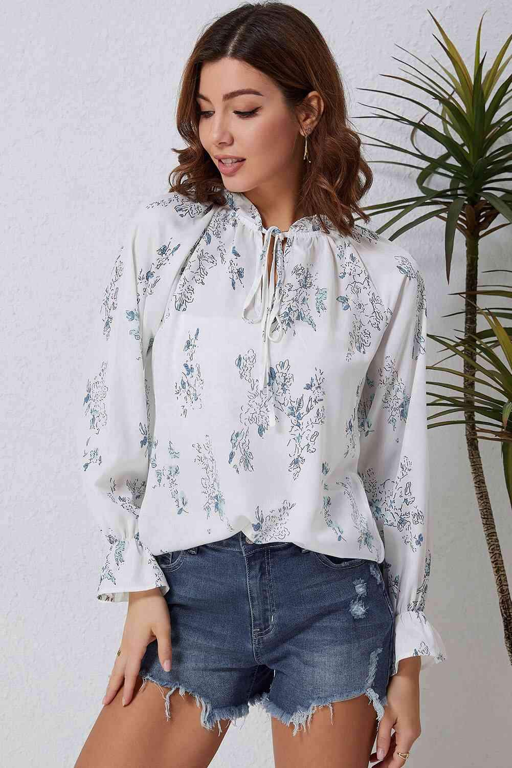 Double Take Floral Tie Neck Flounce Sleeve Blouse Blouses - Tophatter Daily Deals