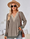 Crochet Contrast V-Neck Long Sleeve Slit T-Shirt Women's T-Shirts - Tophatter Daily Deals