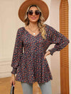 Printed V-Neck Lantern Sleeve Blouse Brick Red Blouses - Tophatter Daily Deals