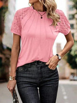 Openwork Lace Detail Short Sleeve T-Shirt Blush Pink Women's T-Shirts - Tophatter Daily Deals