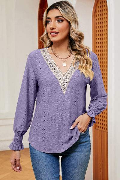 Eyelet V-Neck Flounce Sleeve T-Shirt Lavender Women's T-Shirts - Tophatter Daily Deals