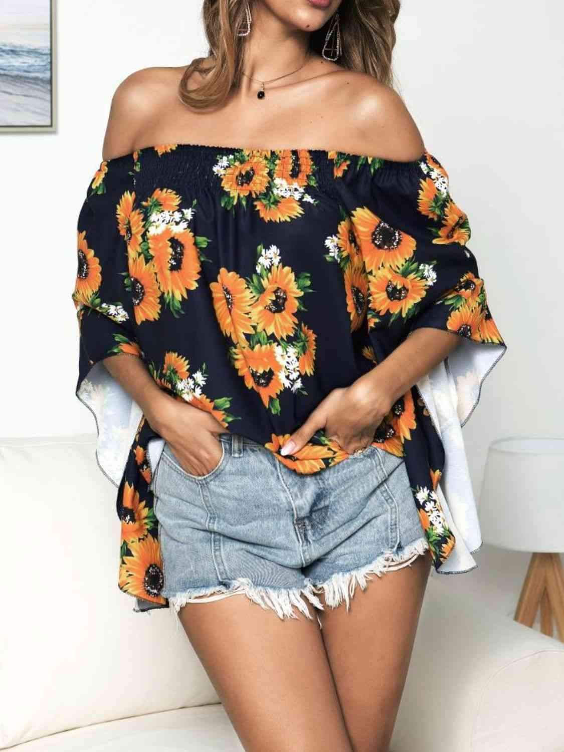 Floral Print Off-Shoulder Flounce Sleeve Blouse Blouses - Tophatter Daily Deals