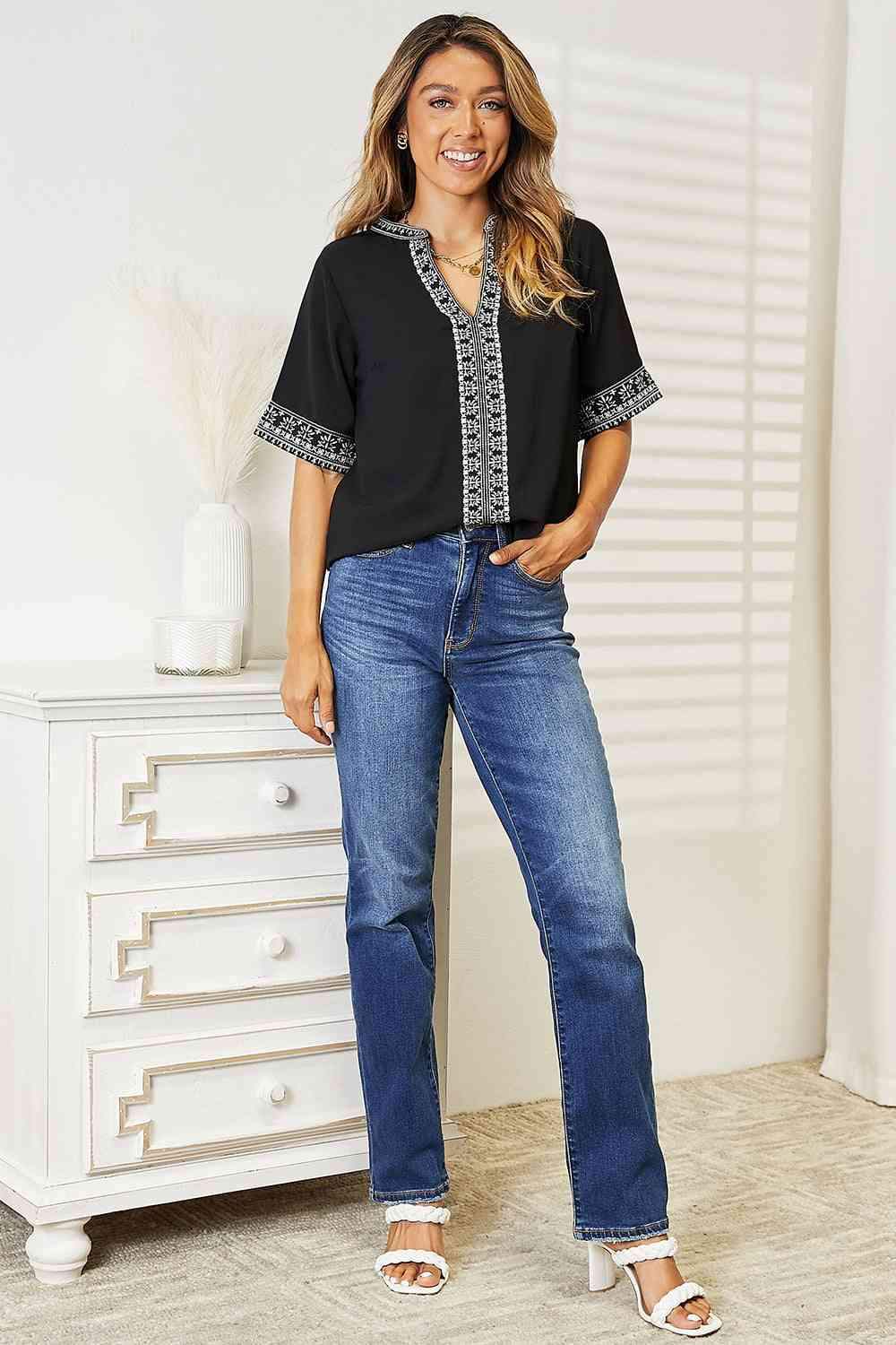 Double Take Embroidered Notched Neck Top Blouses - Tophatter Daily Deals