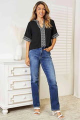 Double Take Embroidered Notched Neck Top Blouses - Tophatter Daily Deals
