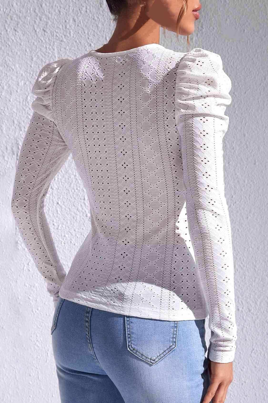 Eyelet Round Neck Top Blouses - Tophatter Daily Deals