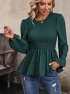 Round Neck Smocked Balloon Sleeve Top Green Blouses - Tophatter Daily Deals