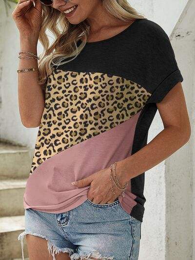 Leopard Round Neck Short Sleeve T-Shirt Women's T-Shirts - Tophatter Daily Deals