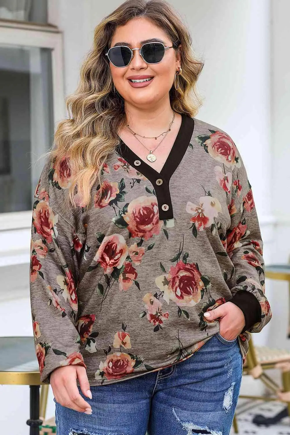Plus Size Floral V-Neck Blouse Blouses - Tophatter Daily Deals