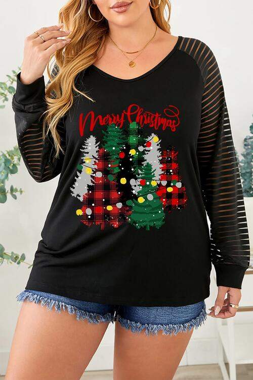 Plus Size Christmas Tree Striped Round Neck T-Shirt Black Women's T-Shirts - Tophatter Daily Deals