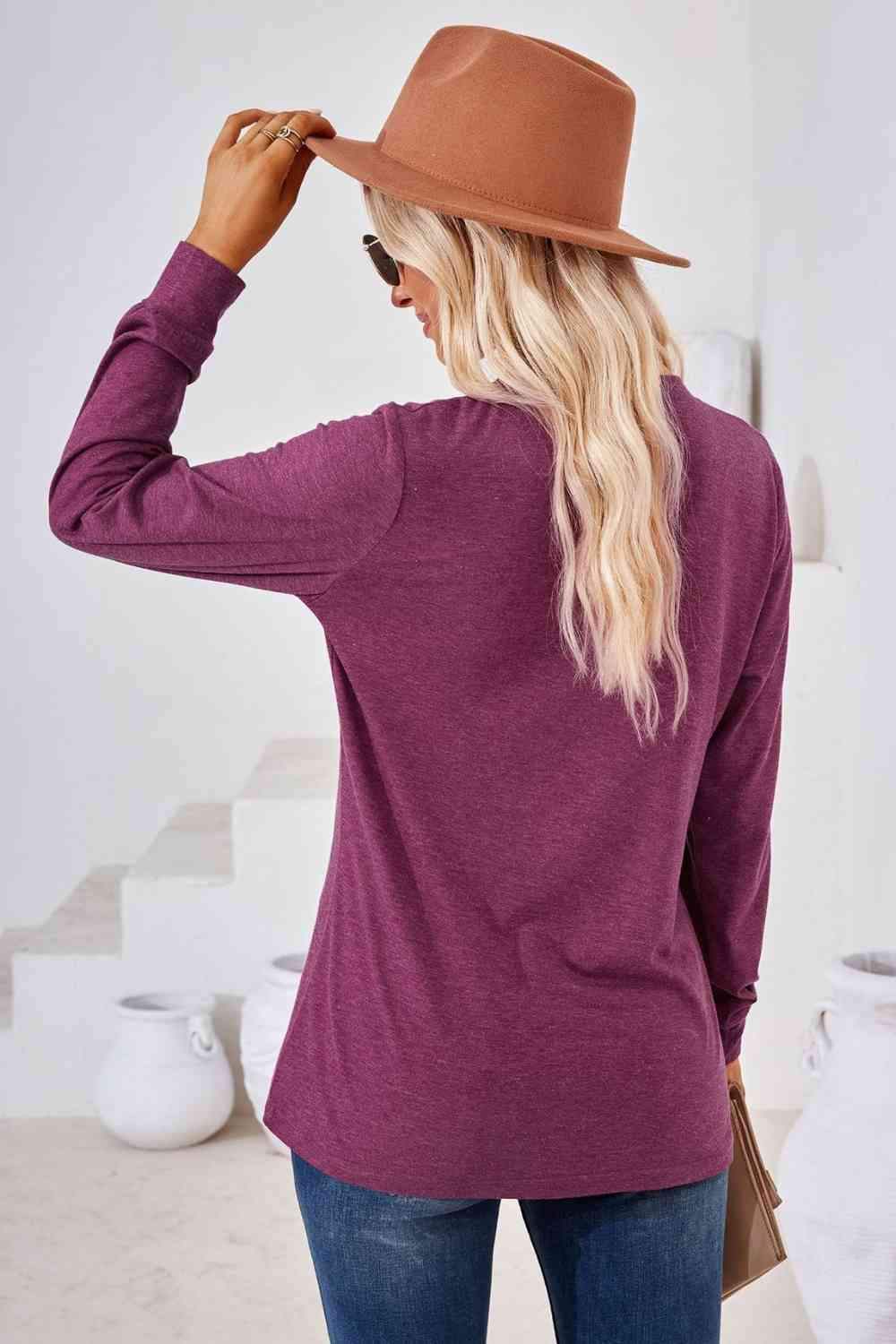 V-Neck Buttoned Long Sleeve Blouse Blouses - Tophatter Daily Deals