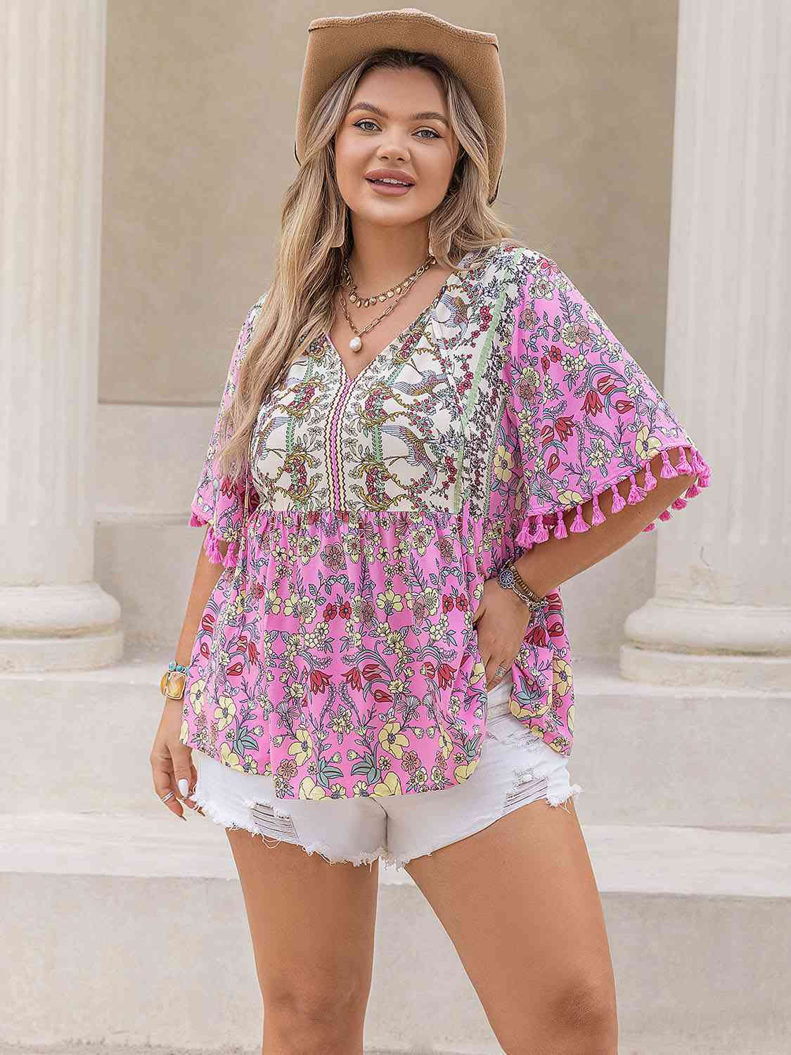 Plus Size Printed V-Neck Half Sleeve Blouse - Uncle Tophatter Offers Only The Best Deals And Didcounts