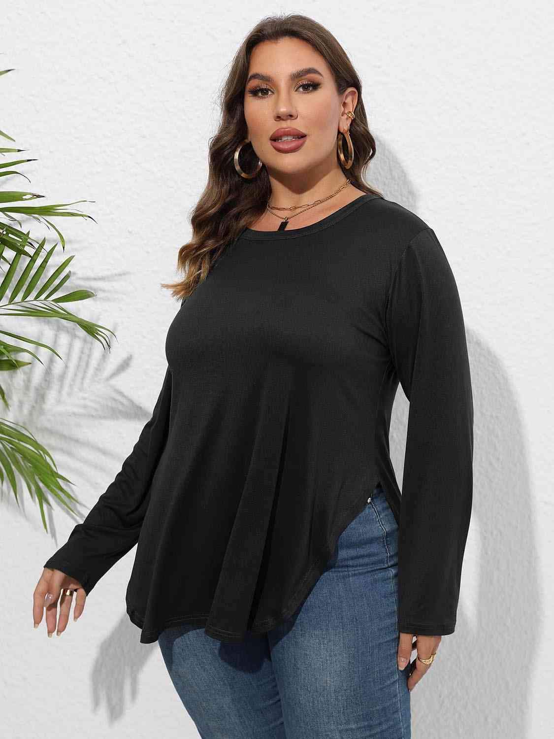 Plus Size Round Neck Long Sleeve Slit T-Shirt Women's T-Shirts - Tophatter Daily Deals