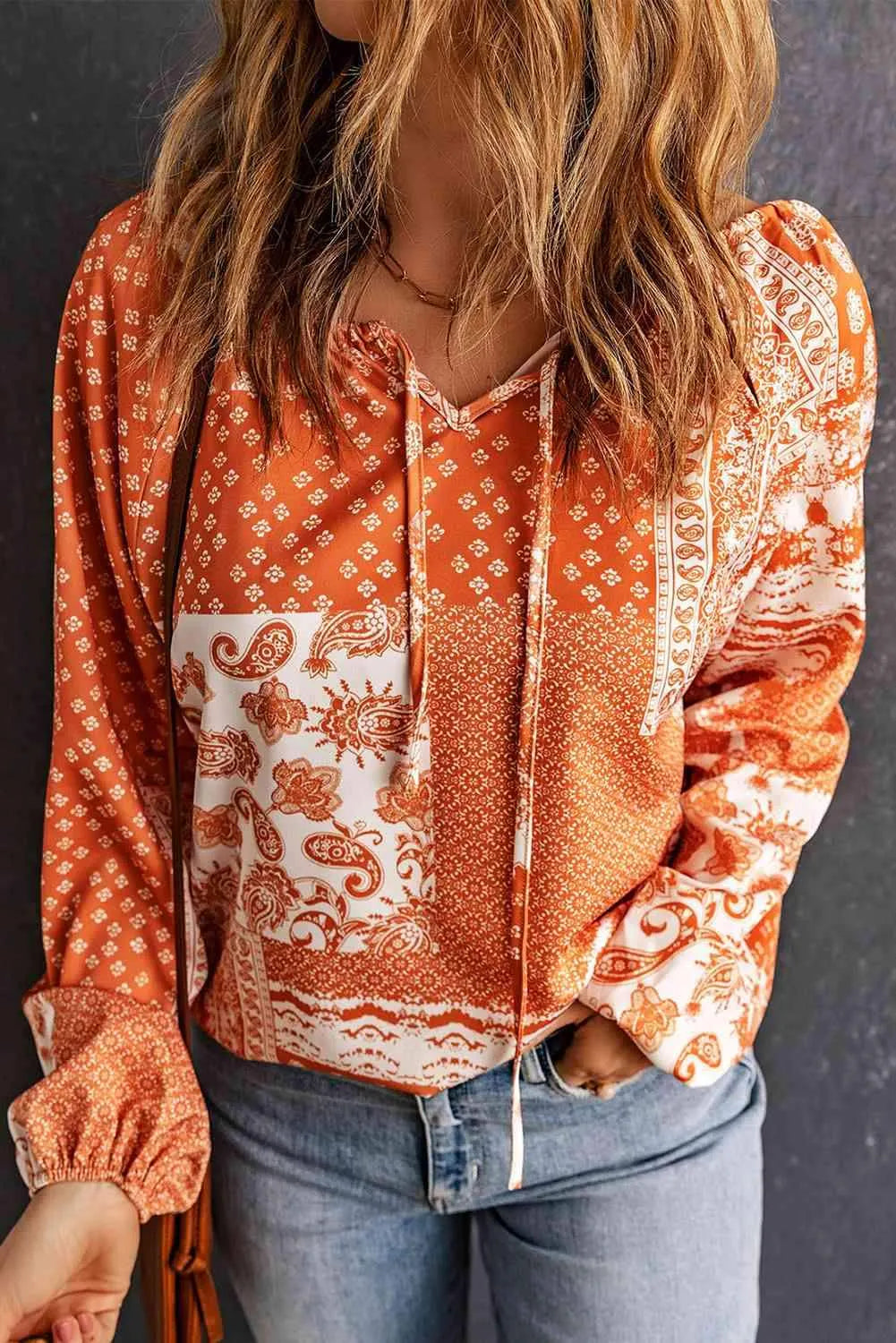 Bohemian Tie-Neck Balloon Sleeve Blouse Orange Blouses - Tophatter Daily Deals