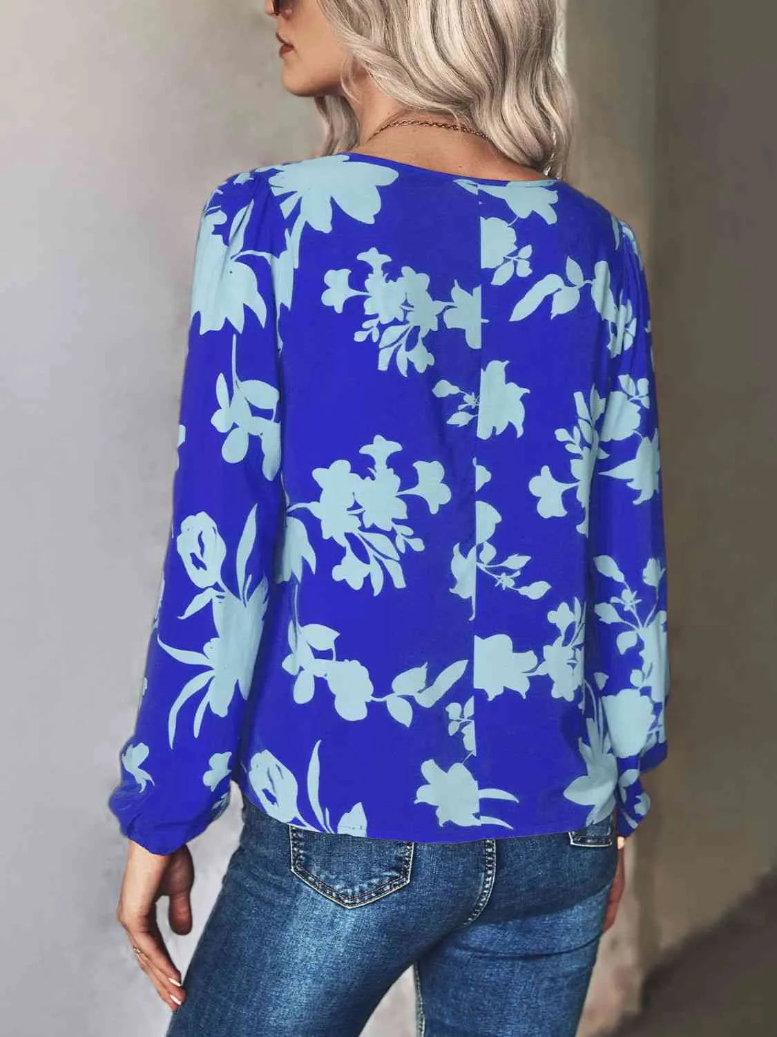 Printed Tie Neck Long Sleeve Blouse Blouses - Tophatter Daily Deals