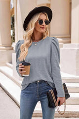 Round Neck Puff Sleeve Blouse Cloudy Blue Blouses - Tophatter Daily Deals