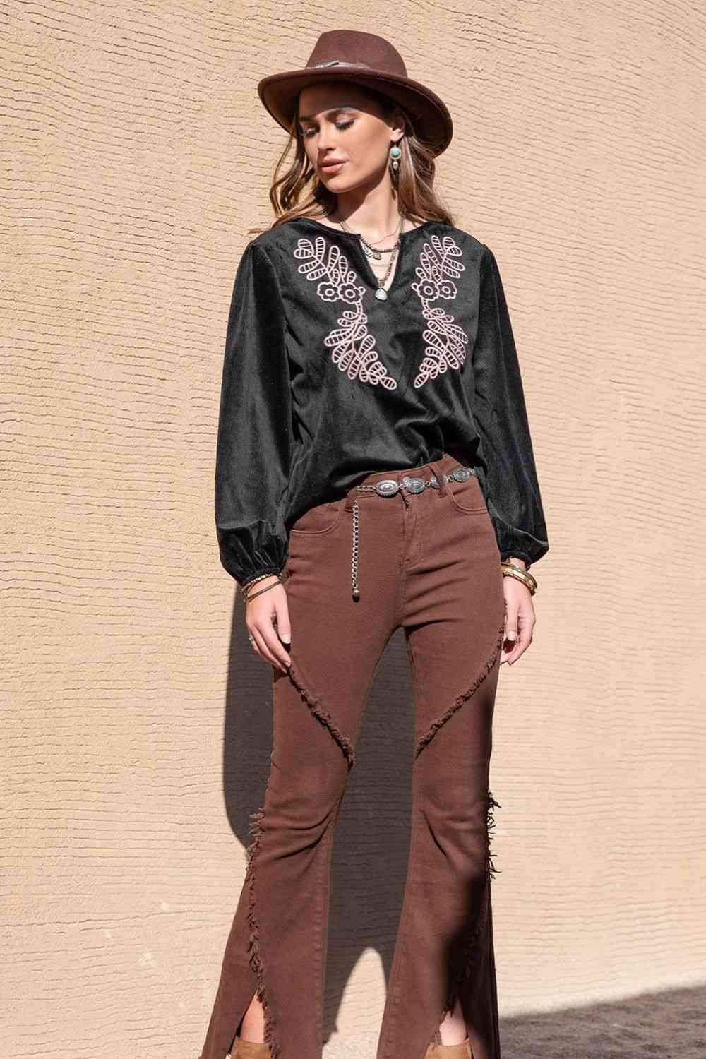 Notched Neck Long Sleeve Blouse Blouses - Tophatter Daily Deals