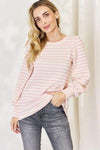 Celeste Full Size Long Bishop Sleeve Striped Top PINK STRIPE Blouses - Tophatter Daily Deals