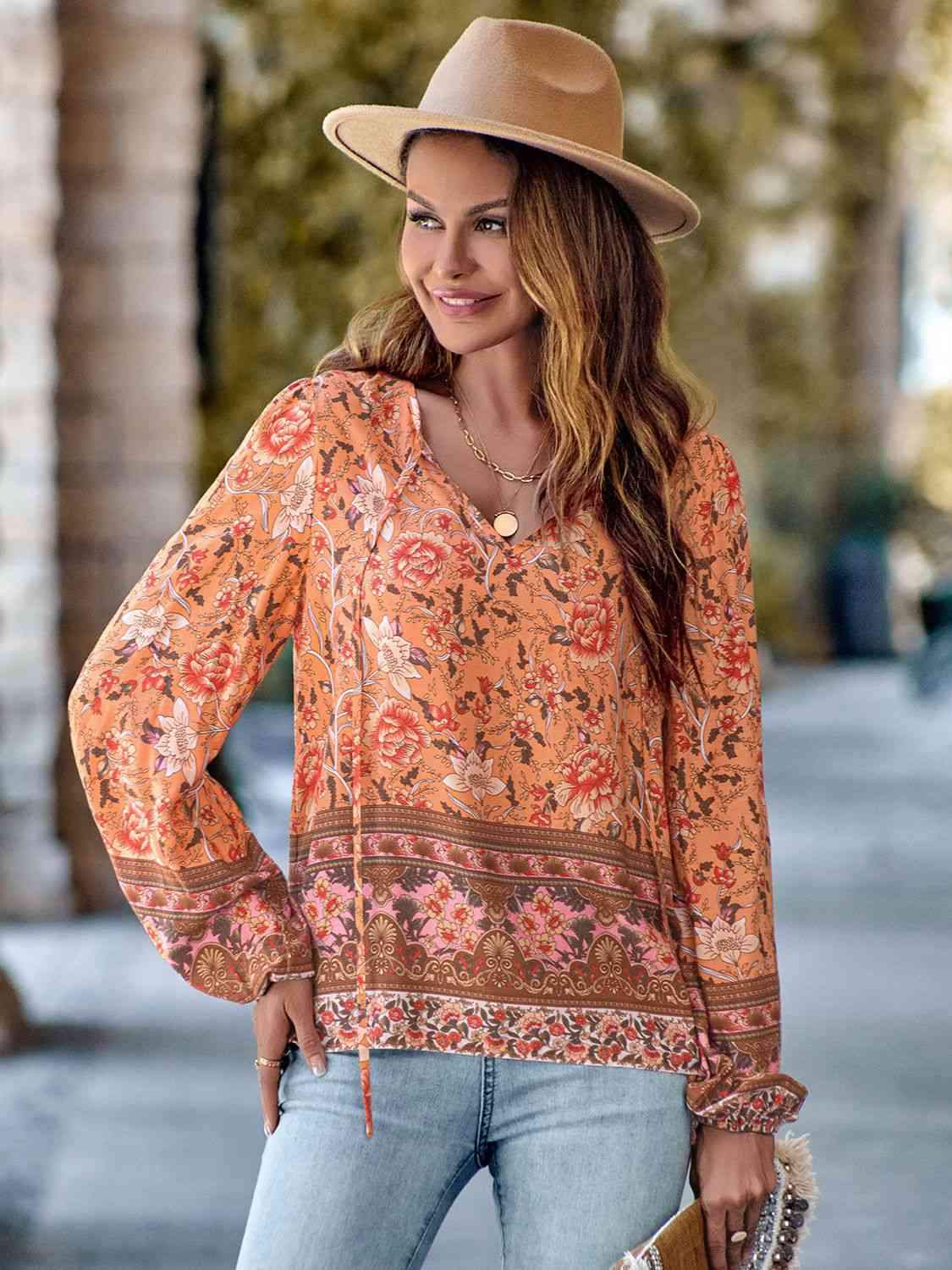 Printed Tie Neck Long Sleeve Blouse Blouses - Tophatter Daily Deals