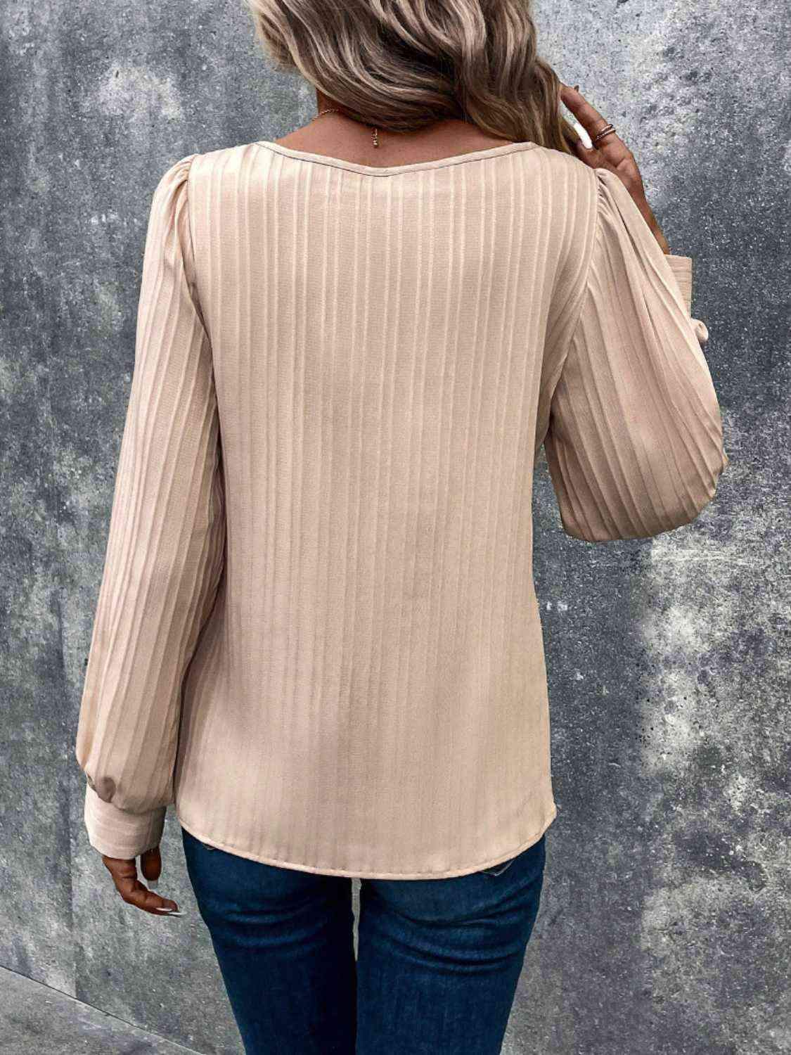 Buttoned Ribbed Puff Sleeve Top Blouses - Tophatter Daily Deals