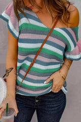 Striped Short Flutter Sleeve Knit Top Blouses - Tophatter Daily Deals