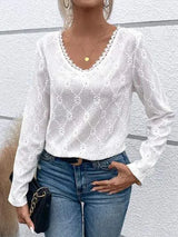 Eyelet V-Neck Long Sleeve T-Shirt White Women's T-Shirts - Tophatter Daily Deals