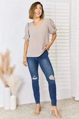 Zenana V-Neck Puff Sleeve Top Blouses - Tophatter Daily Deals