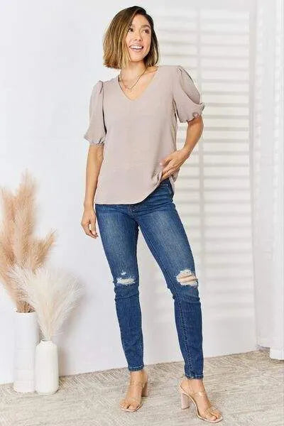 Zenana V-Neck Puff Sleeve Top Blouses - Tophatter Daily Deals