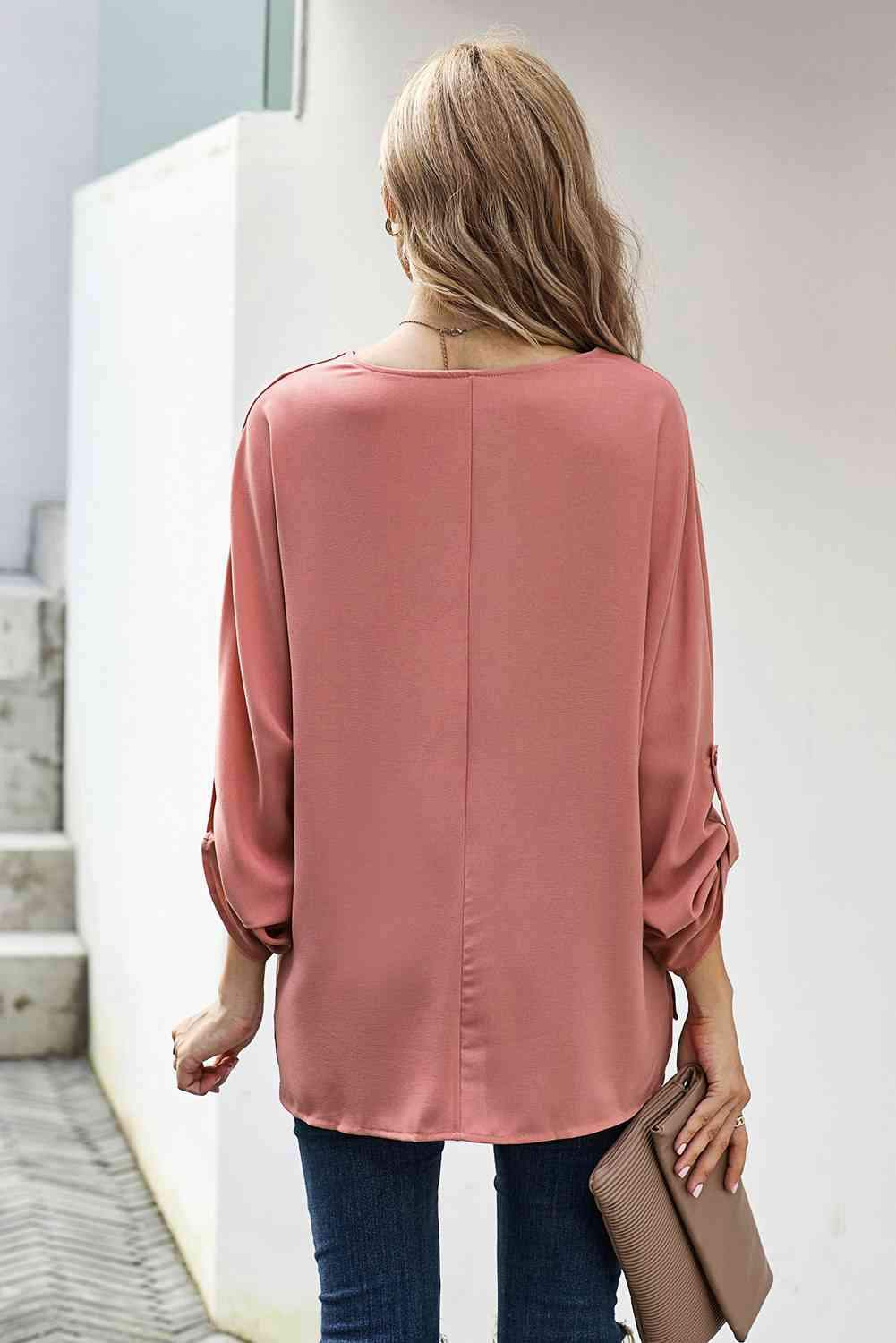 V-Neck Roll-Tab Sleeve Blouse Blouses - Tophatter Daily Deals