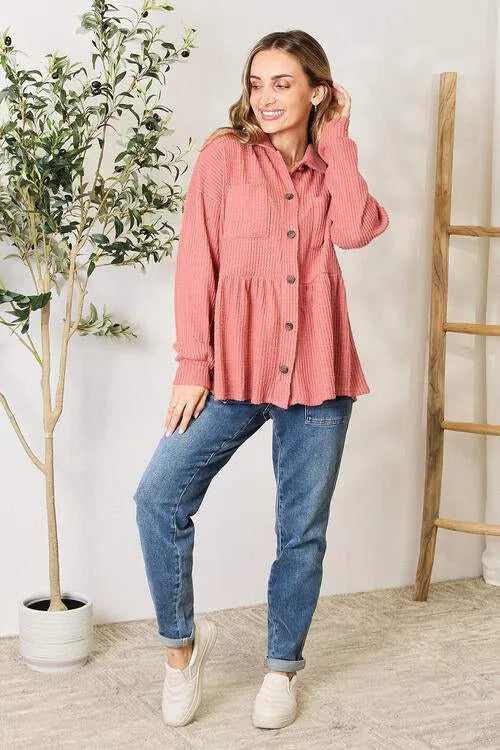 Heimish Full Size Waffle-Knit Button Down Blouse Blouses - Tophatter Daily Deals