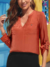 Notched Neck Long Sleeve Top Red Orange Blouses - Tophatter Daily Deals