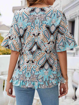 Printed Flounce Sleeve Ruffle Hem Blouse Blouses - Tophatter Daily Deals
