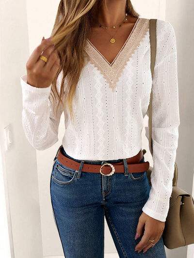 Eyelet V-Neck Dropped Shoulder T-Shirt Women's T-Shirts - Tophatter Daily Deals