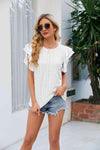 Round Neck Flutter Sleeve Eyelet Blouse Blouses - Tophatter Daily Deals