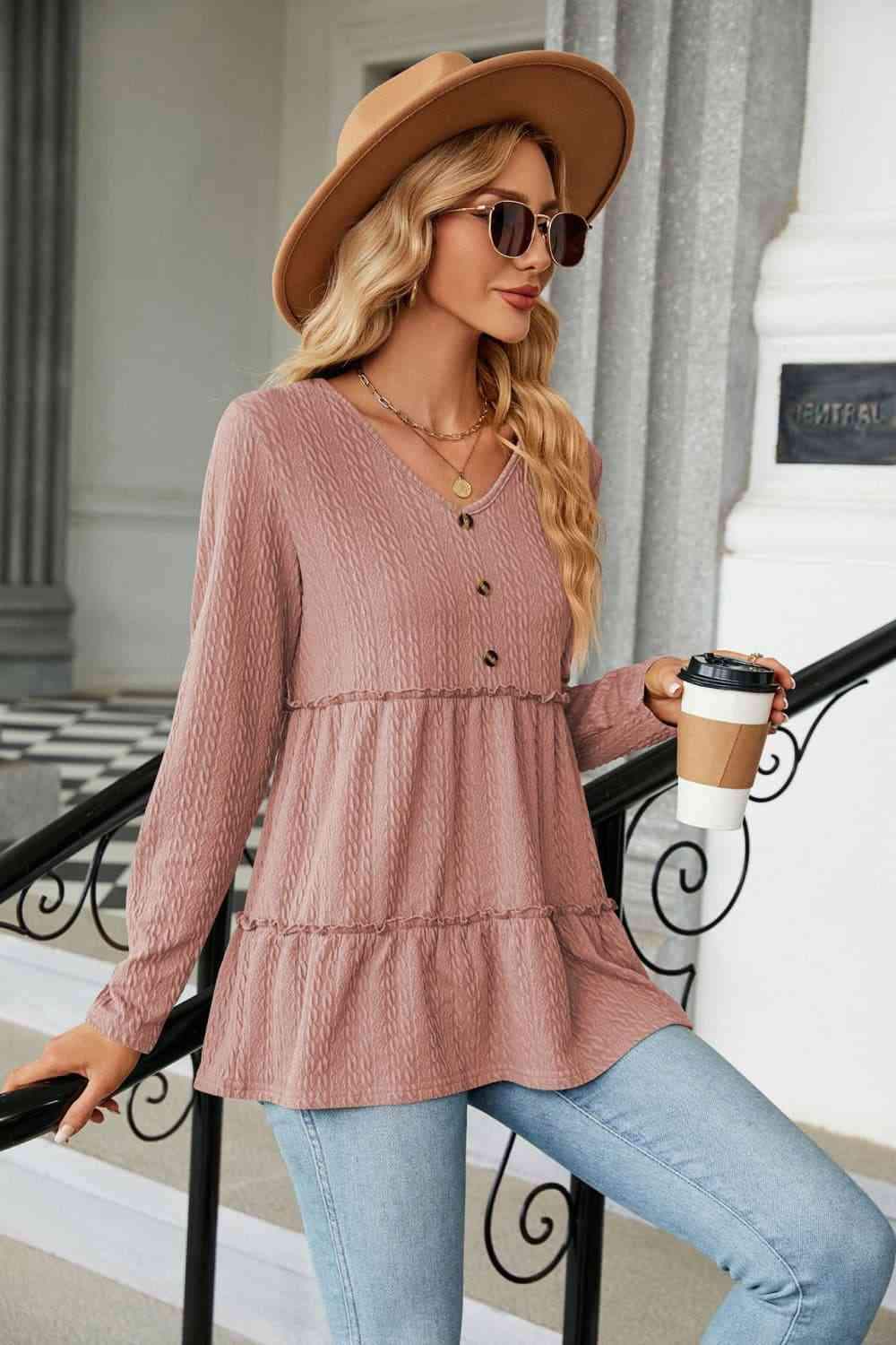 Long Sleeve V-Neck Cable-Knit Blouse Blouses - Tophatter Daily Deals